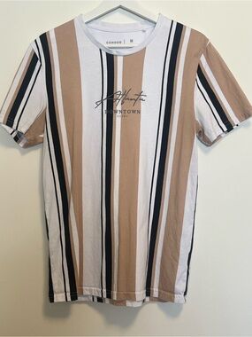 Connor Vertical Stripe T-Shirt Men’s Size M | White Tan Black‎ Crew Neck Casual